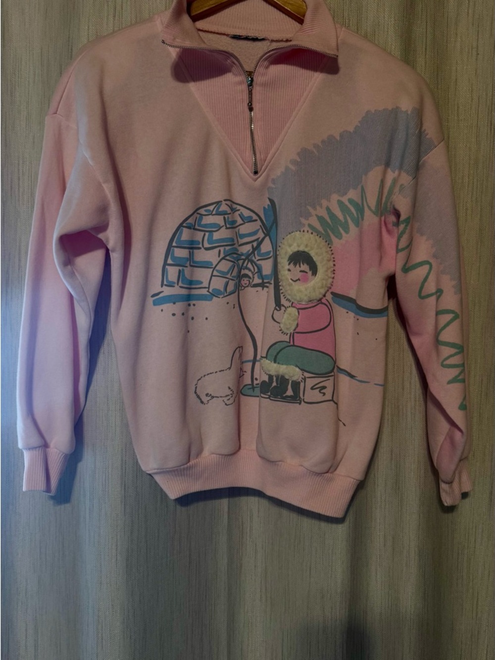 Pink Vintage Graphic Pullover with Igloo & Arctic Girl